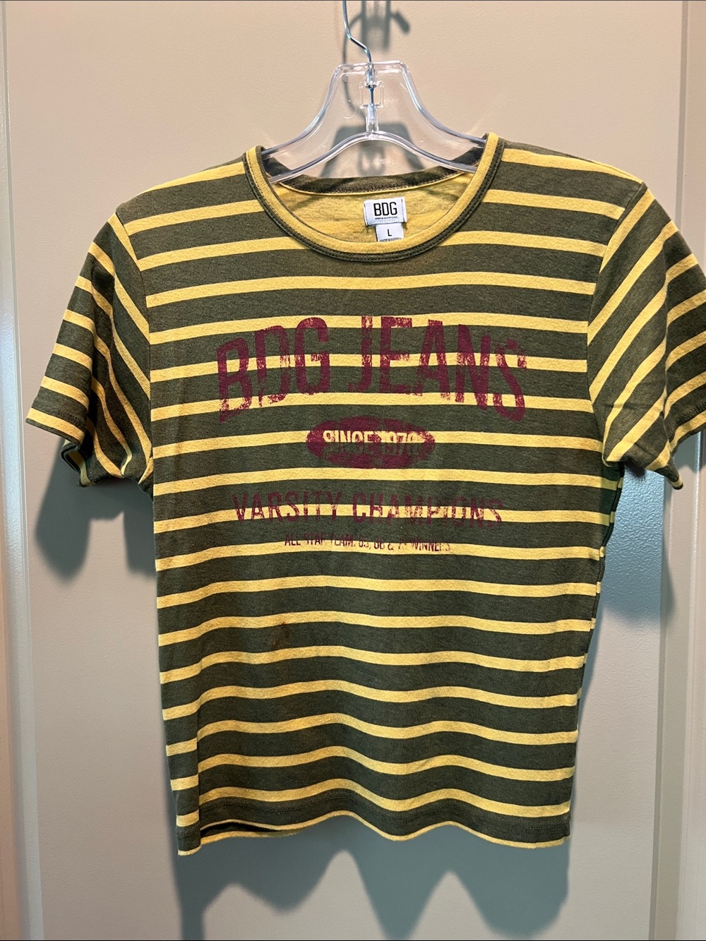 BDG Olive and Yellow Striped Crewneck Tee